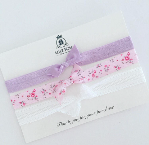 FOE Headband Set - Lilac, Pink Floral & White Lace