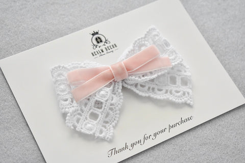 White Lace & Pink Velvet Bow - Headband or Clip