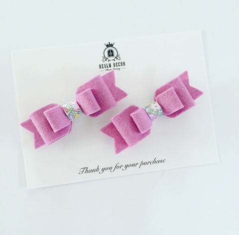 Pigtail Bow Clip Set with Liberty Fabric Centre - Mauve