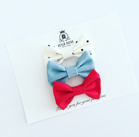 'Sweetie' Bow Set - Denim, Red & Cream with Black Polka Dots