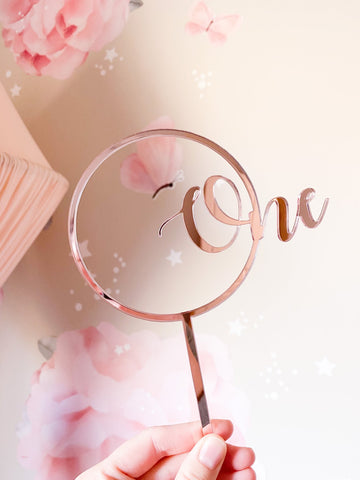 Rose Gold Mirror- ONE to FIVE Number Round Cake Topper