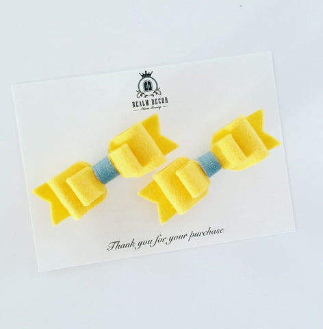 Pigtail Bow Clip Set with Denim Centre- Butter Yellow