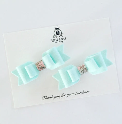 Pigtail Bow Clip Set with Liberty Fabric Centre - Mint Blue