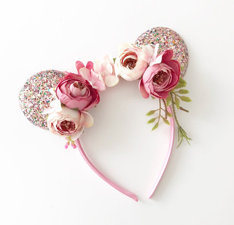 Pink Glitter Floral Mouse Ear Headband
